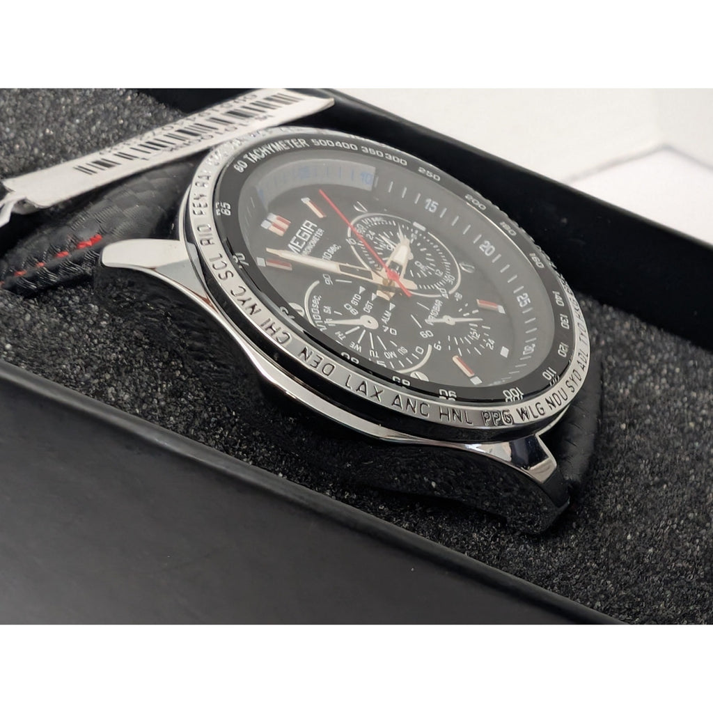 Megir Men's Chronograph Sport Watch Black and Red Genuine Leather & Tachymeter Dial