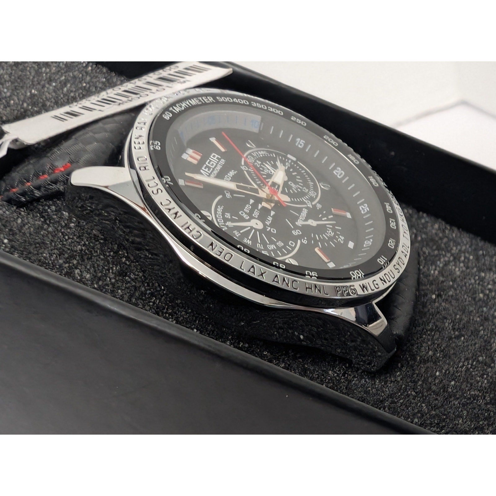 Megir Men's Chronograph Sport Watch Black and Red Genuine Leather & Tachymeter Dial