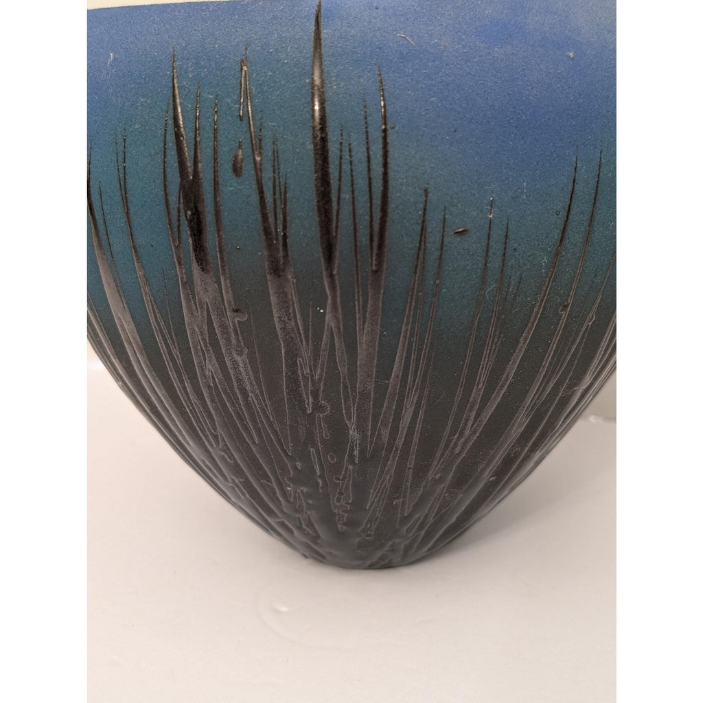 Modernist Studio Art Pottery Lidded Vessel Ombre Blue Sgraffito Grass Tall Spire Finial Signed