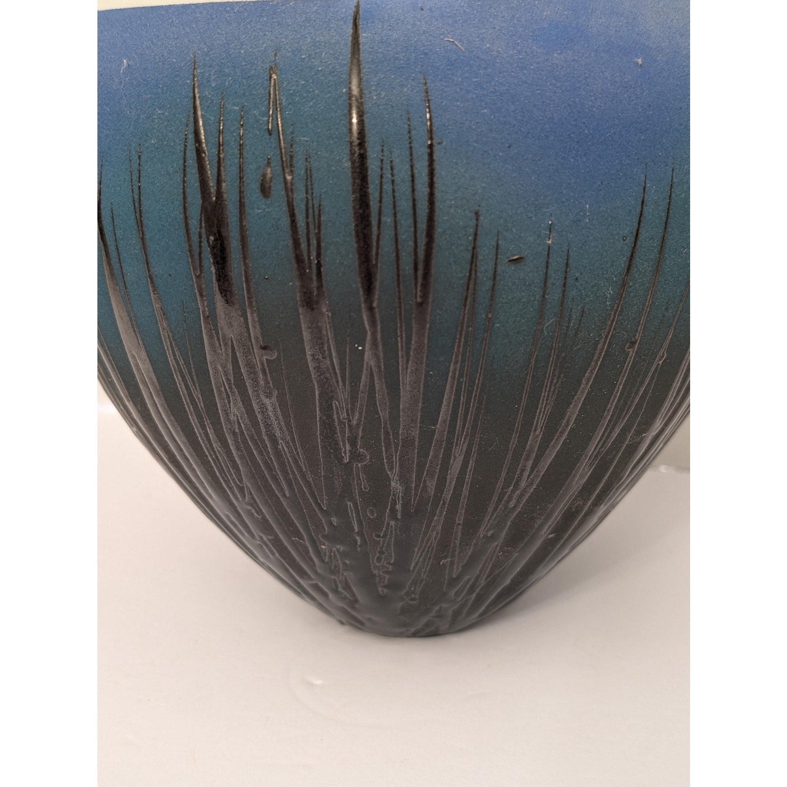 Modernist Studio Art Pottery Lidded Vessel Ombre Blue Sgraffito Grass Tall Spire Finial Signed