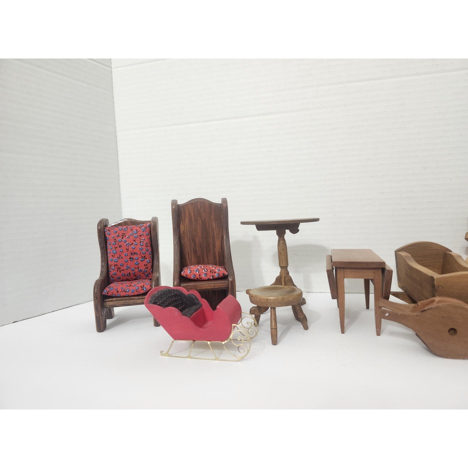 Vintage Miniature Dollhouse Furniture Lot Wood and Metal Pieces Sleigh Churn