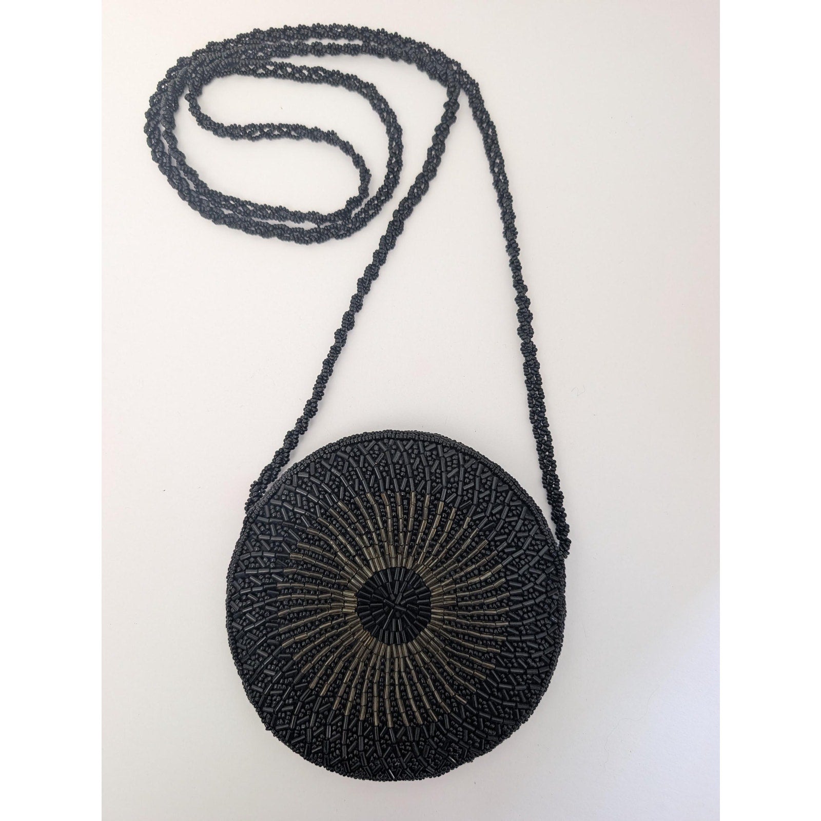 Vintage Round Beaded Crossbody Bag Black Sunburst Bugle Bead Evening Purse