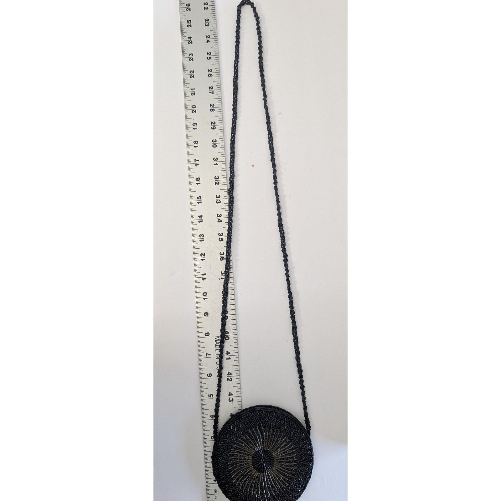 Vintage Round Beaded Crossbody Bag Black Sunburst Bugle Bead Evening Purse