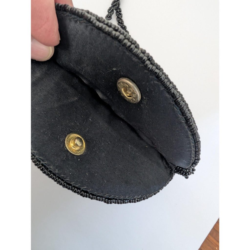Vintage Round Beaded Crossbody Bag Black Sunburst Bugle Bead Evening Purse