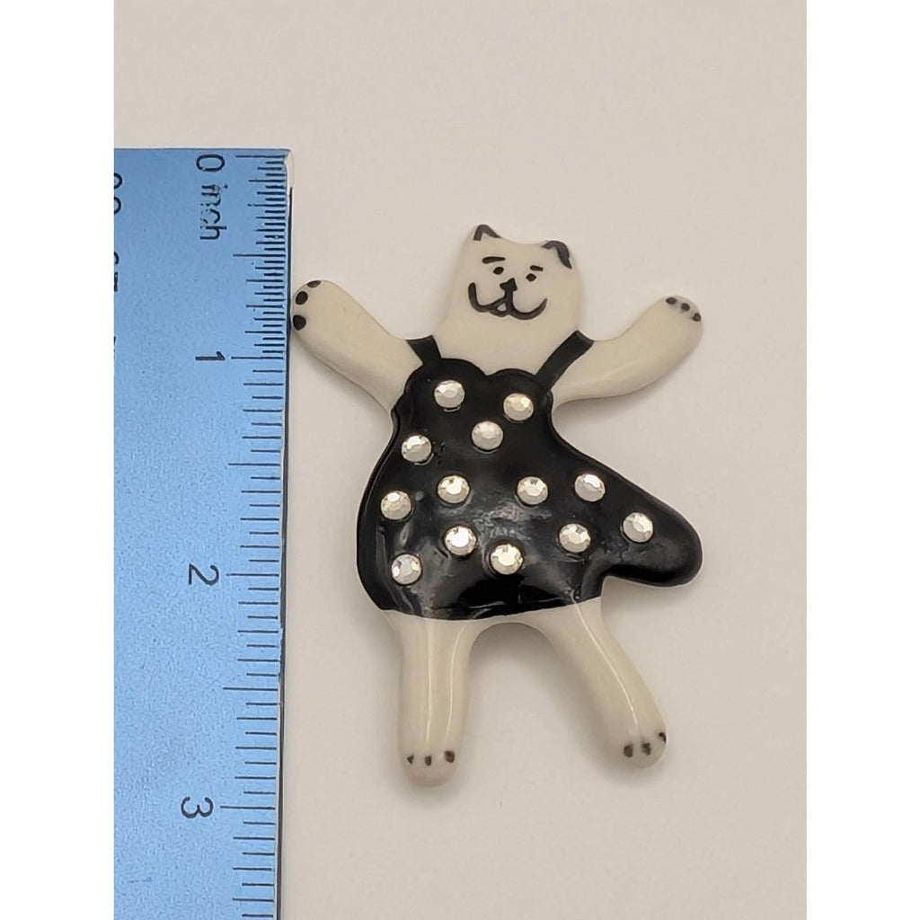 Whimsical Ceramic Dancing Cat Pin White and Black Rhinestone Polka Dot Dress