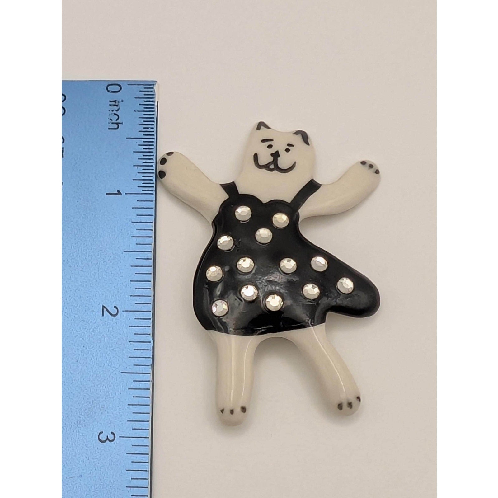 Whimsical Ceramic Dancing Cat Pin White and Black Rhinestone Polka Dot Dress