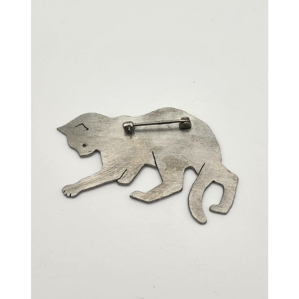 Vintage Mixed Metal Prowling Cat Brooch Pin Silver Tone Brass Heart Inset Lapel