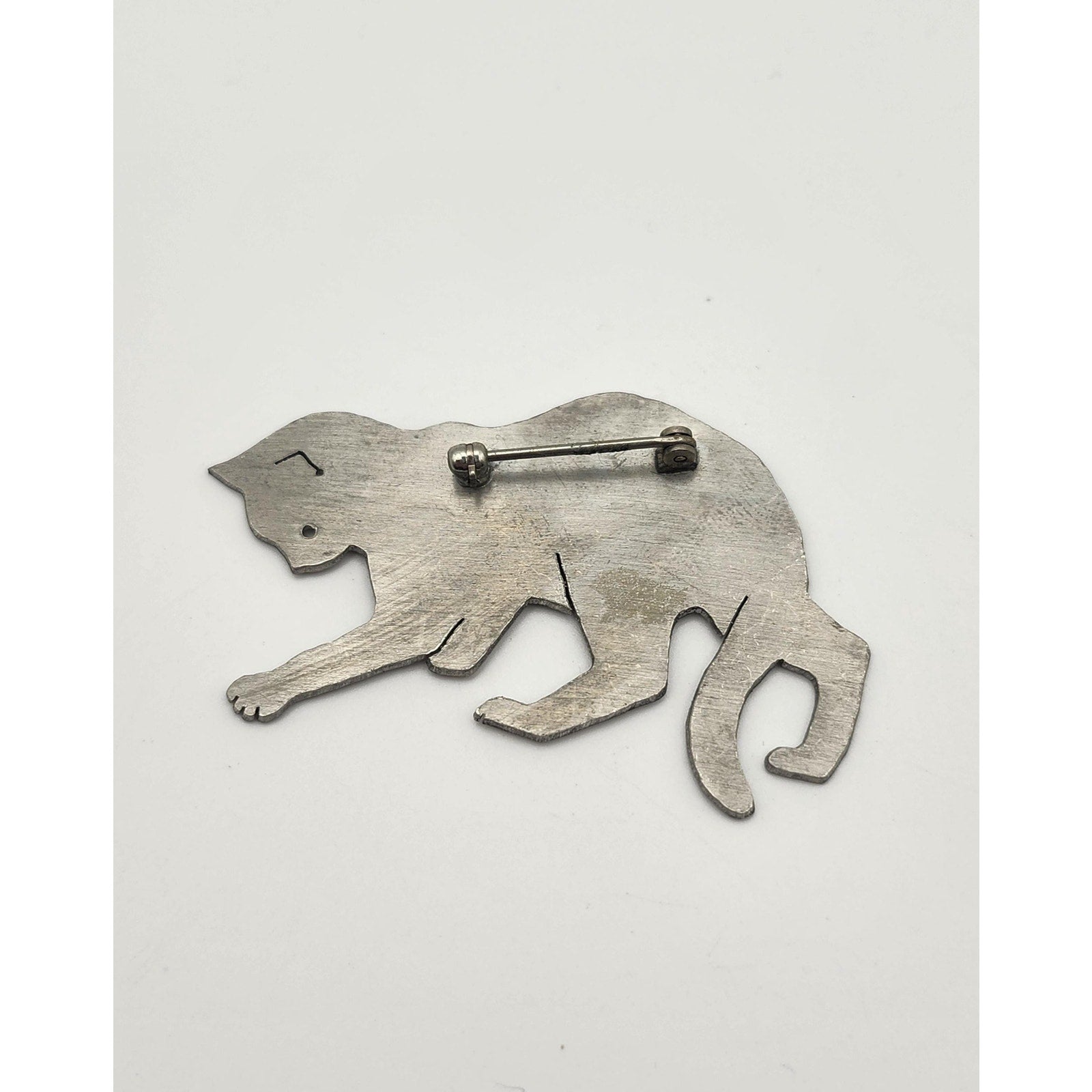 Vintage Mixed Metal Prowling Cat Brooch Pin Silver Tone Brass Heart Inset Lapel