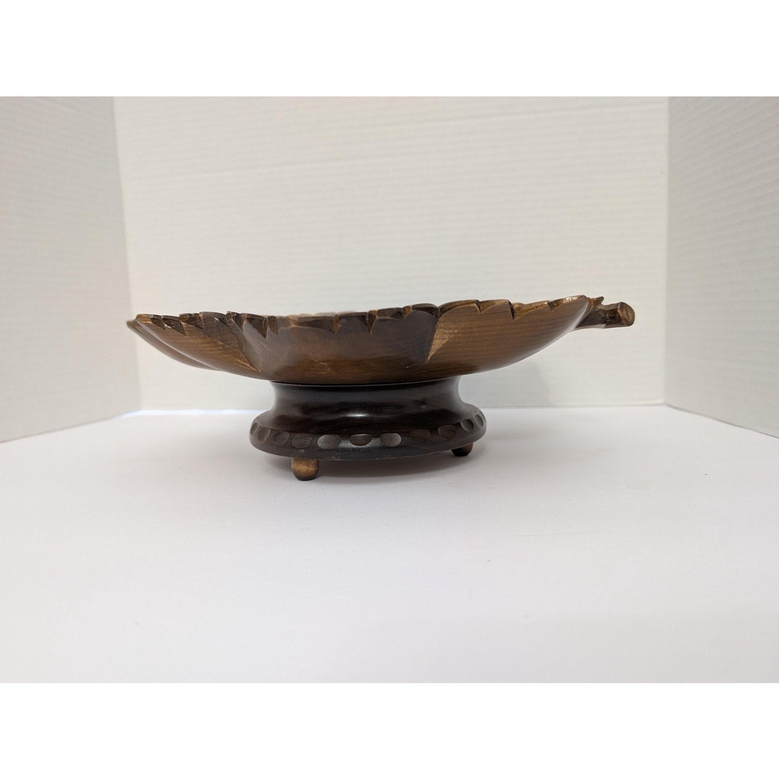 Vintage Swiss Musical Fruit Bowl Raeber Muller Hand Carved Grape Leaf Wood Art
