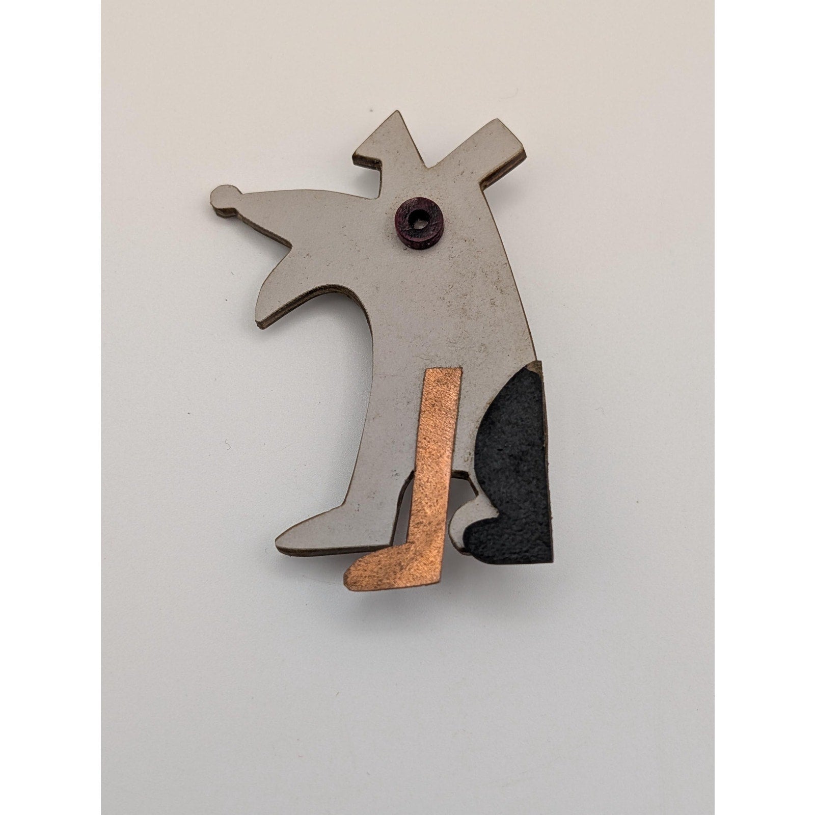 Modernist Mixed Media Dog Brooch Mixed Metal and Wood Abstract Puppy Pin