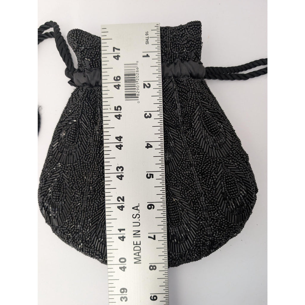 Vintage Black Beaded Drawstring Reticule Purse Handbag With Peacock Feather Pattern