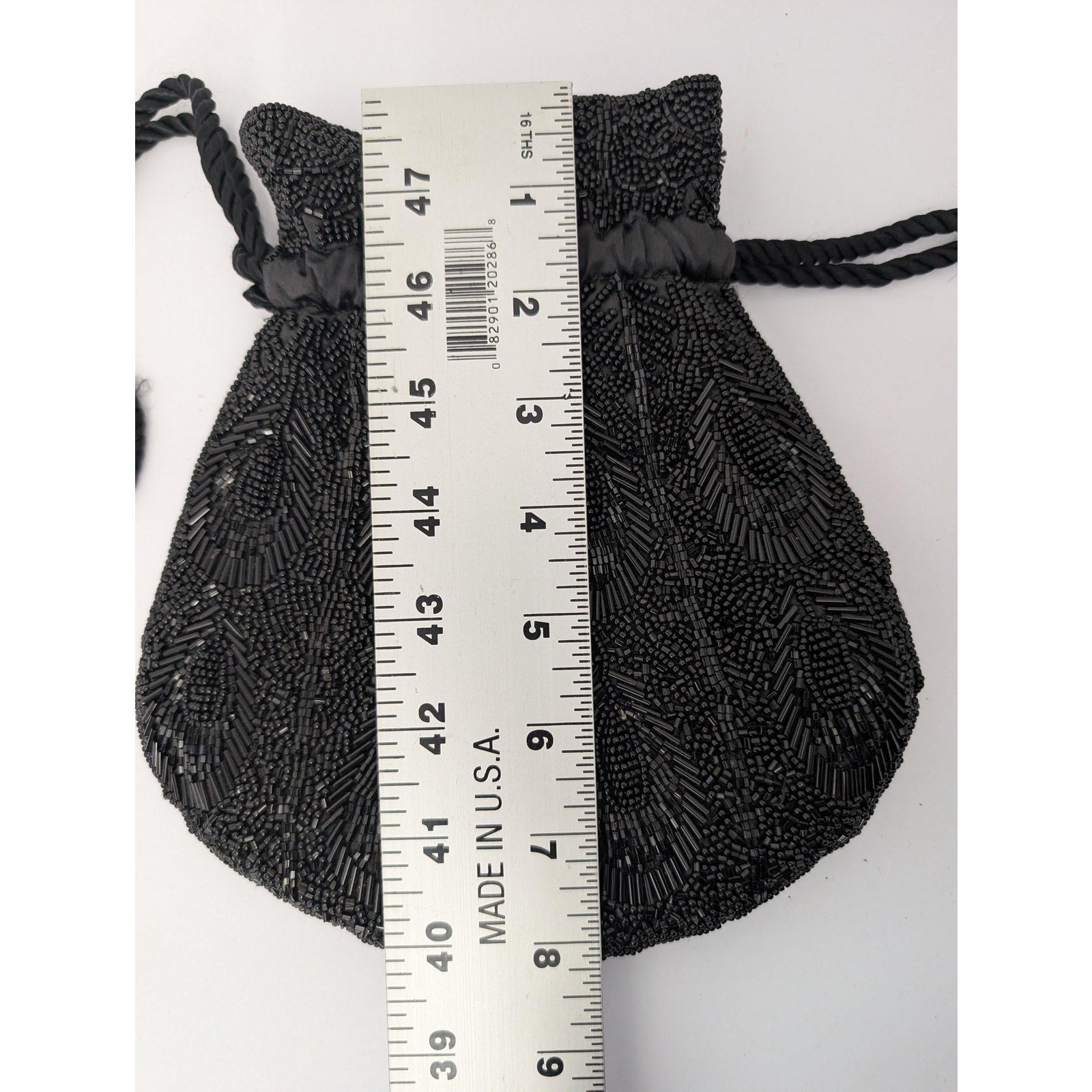 Vintage Black Beaded Drawstring Reticule Purse Handbag With Peacock Feather Pattern