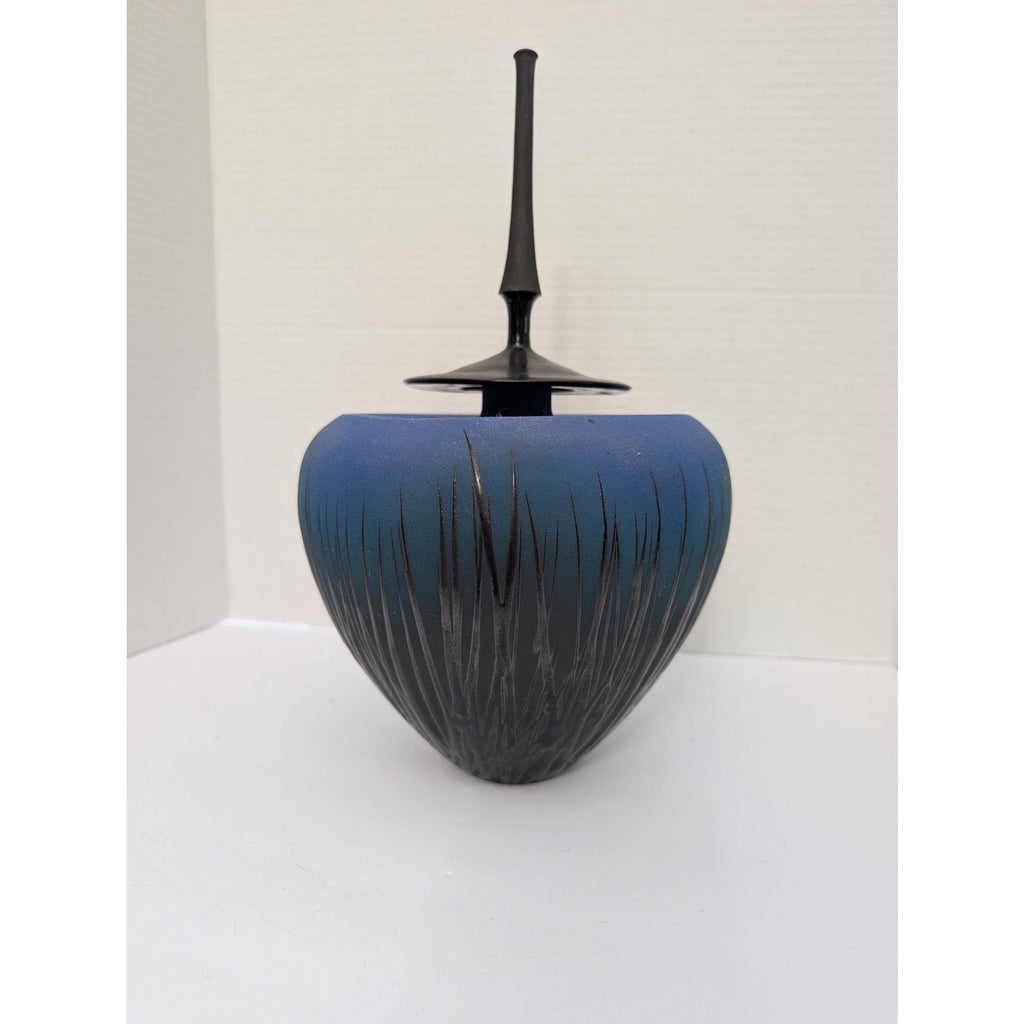 Modernist Studio Art Pottery Lidded Vessel Ombre Blue Sgraffito Grass Tall Spire Finial Signed