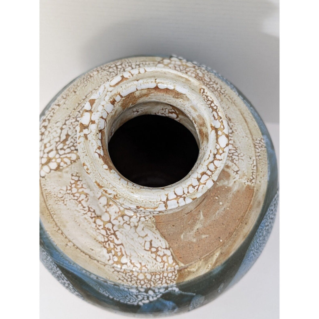 Amazing Drip Glazed Blue Tan Signed Studio Pottery Large Vase