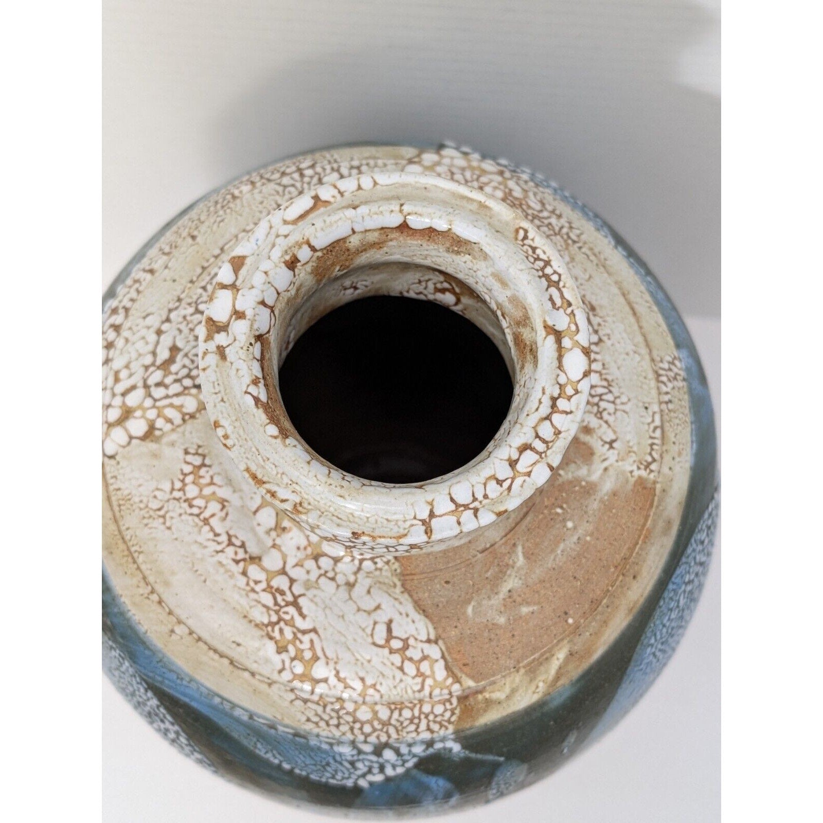Amazing Drip Glazed Blue Tan Signed Studio Pottery Large Vase