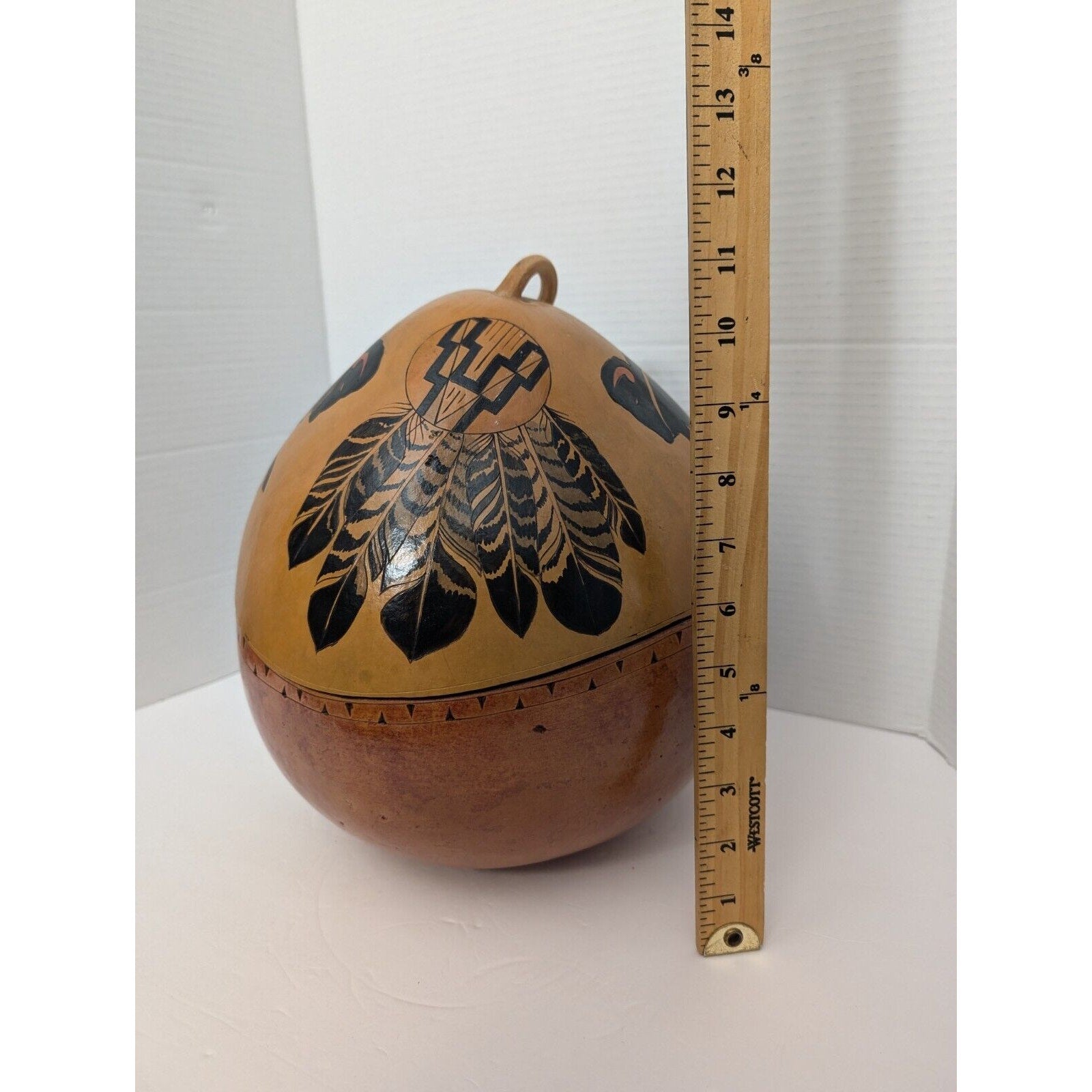 Very Large Native American Hand Painted Gourd Feathers And Buffalo Design