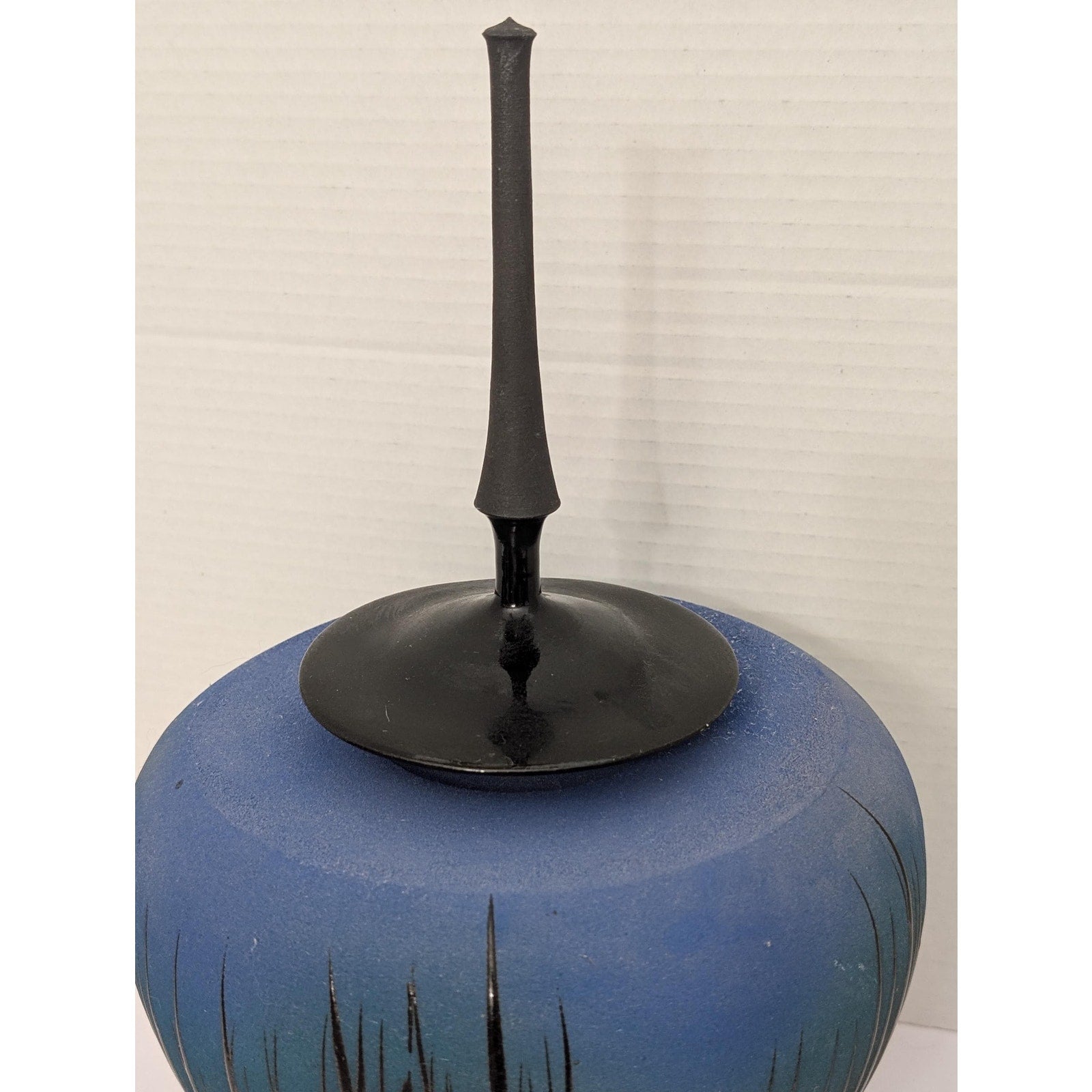 Modernist Studio Art Pottery Lidded Vessel Ombre Blue Sgraffito Grass Tall Spire Finial Signed