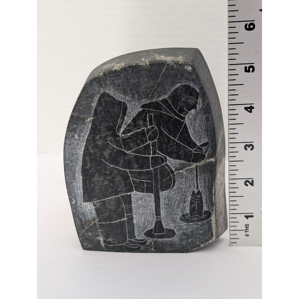 Inuit Soapstone Etching Ice Fishing Scene Canada Eskimo Art