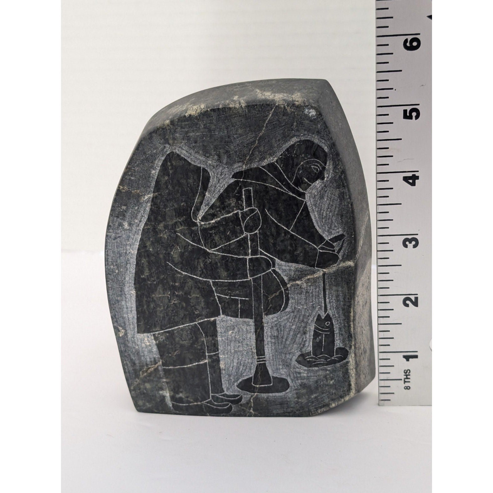 Inuit Soapstone Etching Ice Fishing Scene Canada Eskimo Art