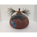 Laura Ross Studio Pottery Lidded Vessel Pine Needle Lid Raven Bird Motif Mixed Media Ceramic Jar Signed Art Pottery Southwest Decor