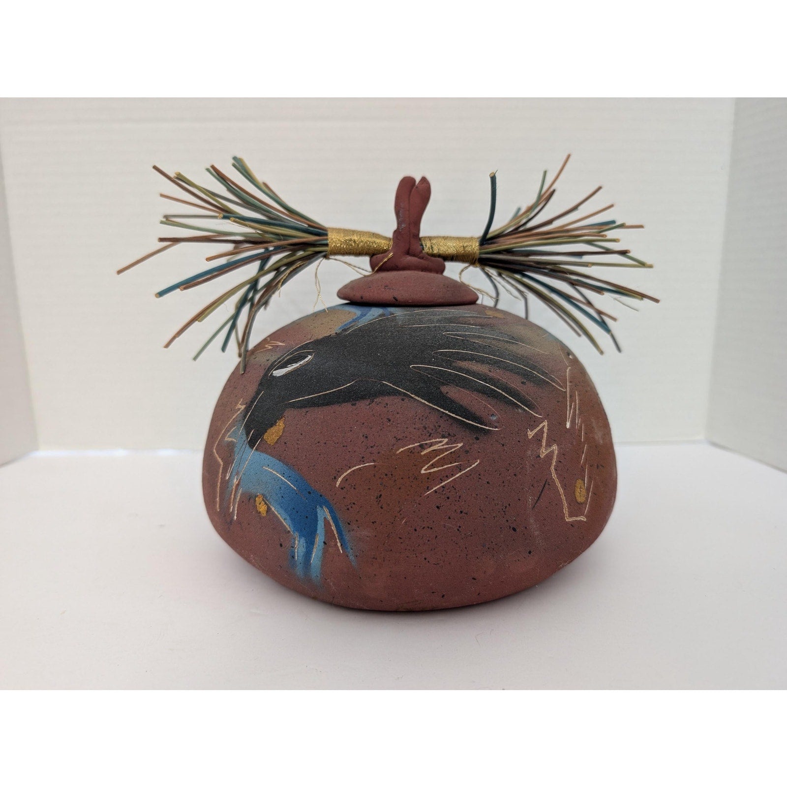Laura Ross Studio Pottery Lidded Vessel Pine Needle Lid Raven Bird Motif Mixed Media Ceramic Jar Signed Art Pottery Southwest Decor