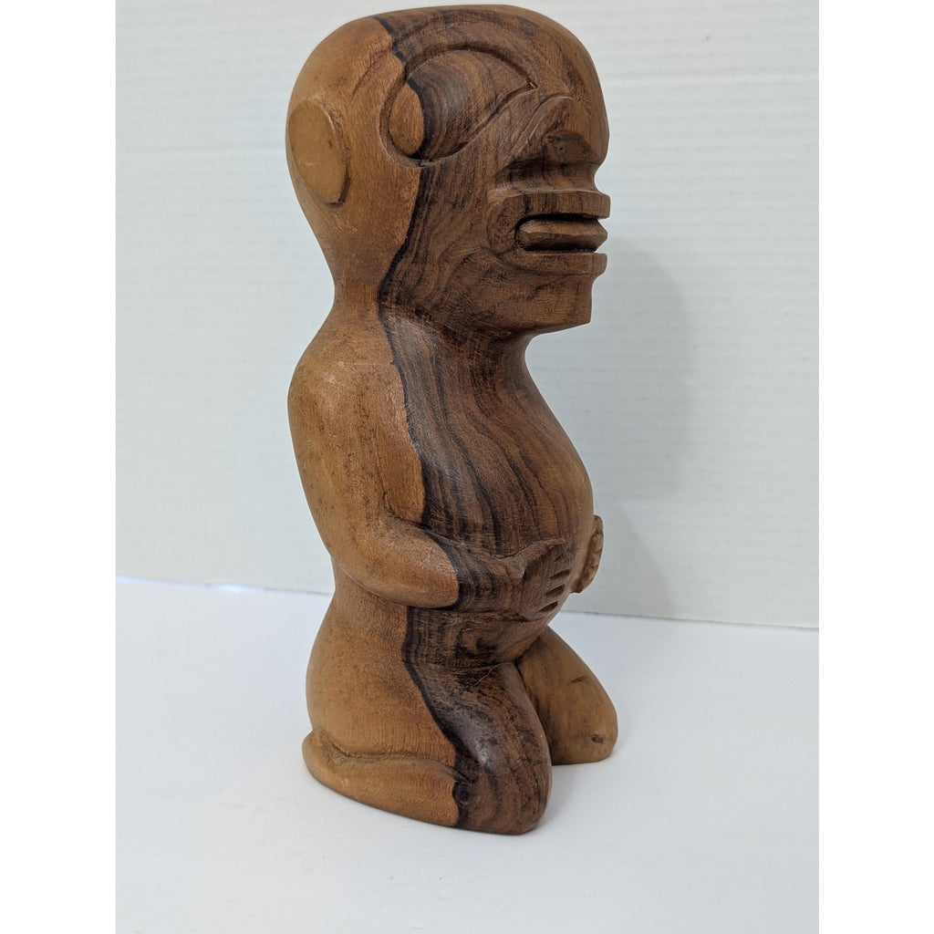Vintage Hand Carved Two Tone Wood Kneeling Tiki Figurine Polynesian Tribal Art