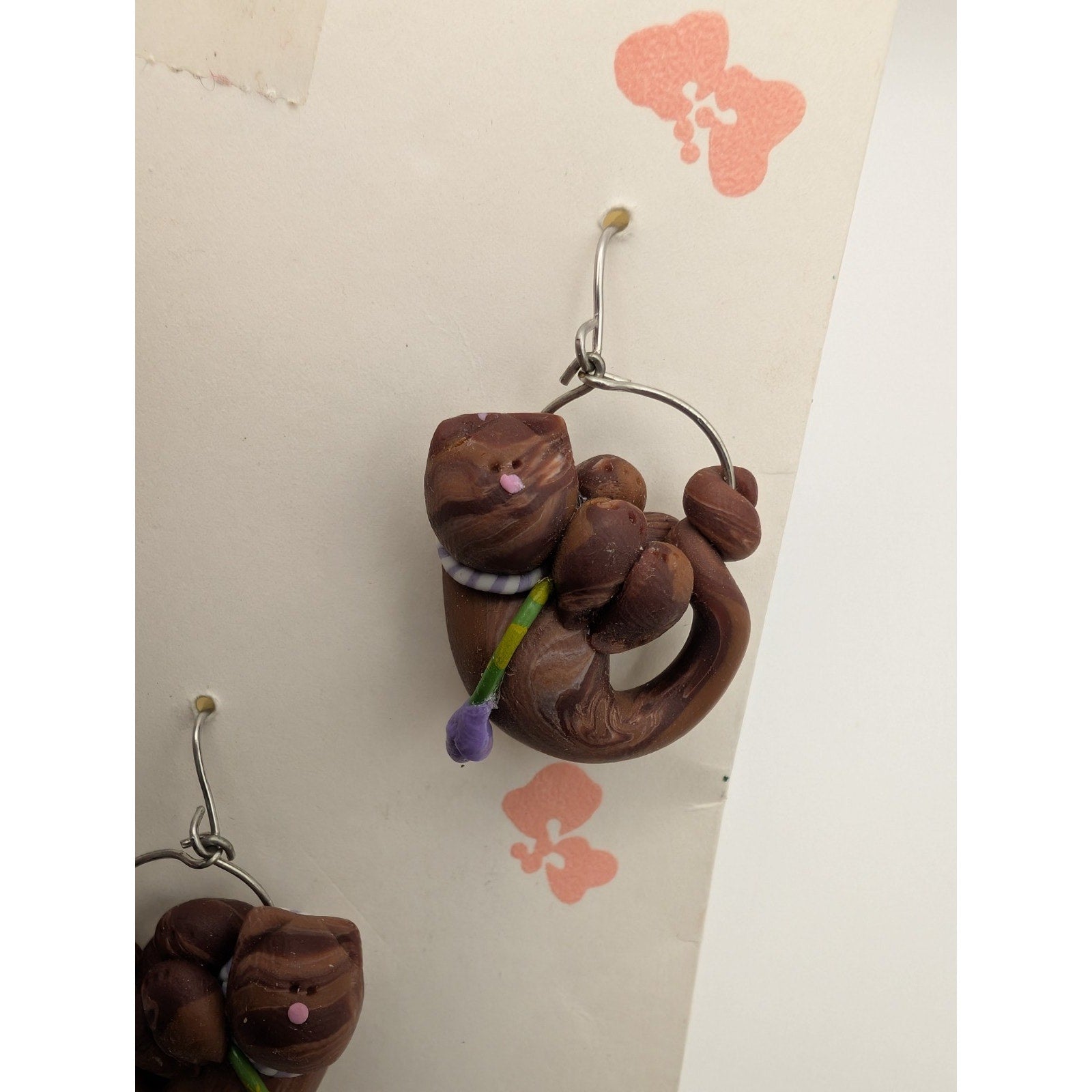 VIntage Chameleon Club Cat with Flower Polymer Clay Earrings by Debby Pasquale