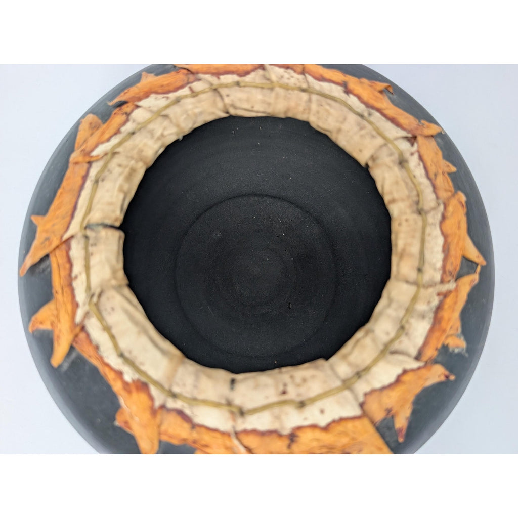 Smoke Fired Stoneware Dracena Vase Michael Christine Adcock Studio Pottery Woven Fiber Art Ceramic Bowl Black Signed