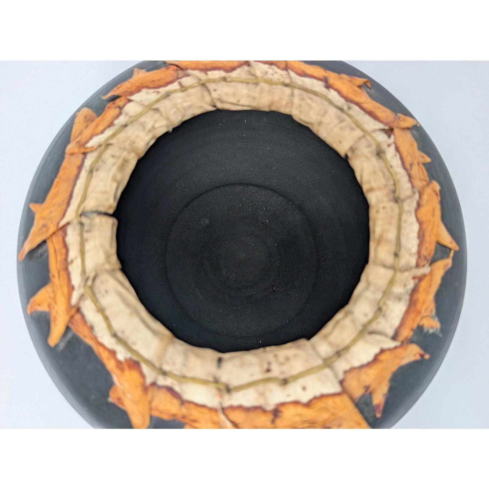 Smoke Fired Stoneware Dracena Vase Michael Christine Adcock Studio Pottery Woven Fiber Art Ceramic Bowl Black Signed