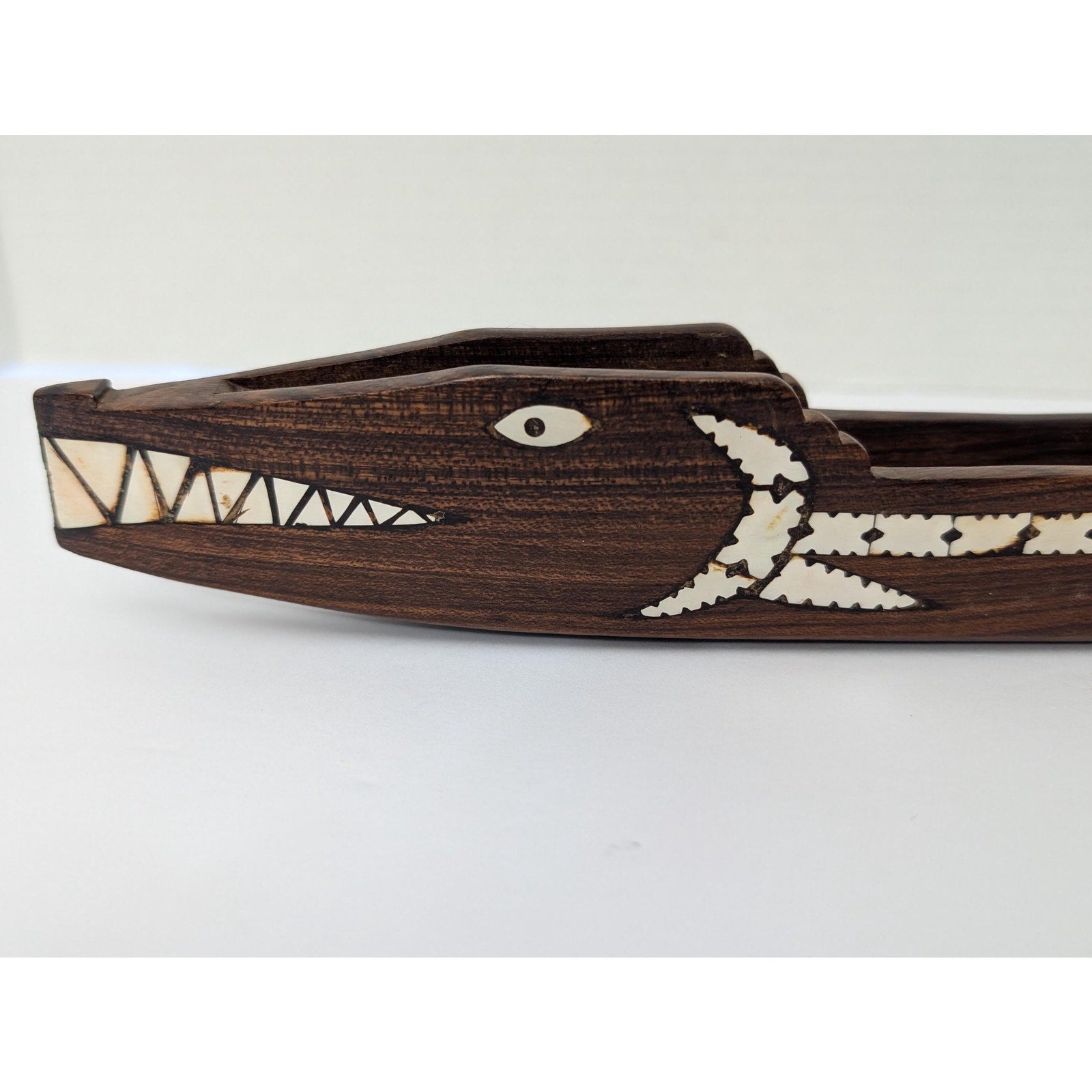 Hand-Carved Solomon Islands Tribal Spirit Boat Rosewood with Shell Inlay Crocodile/Sea Spirit Motif