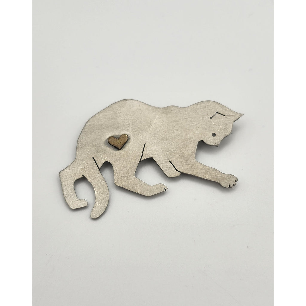 Vintage Mixed Metal Prowling Cat Brooch Pin Silver Tone Brass Heart Inset Lapel