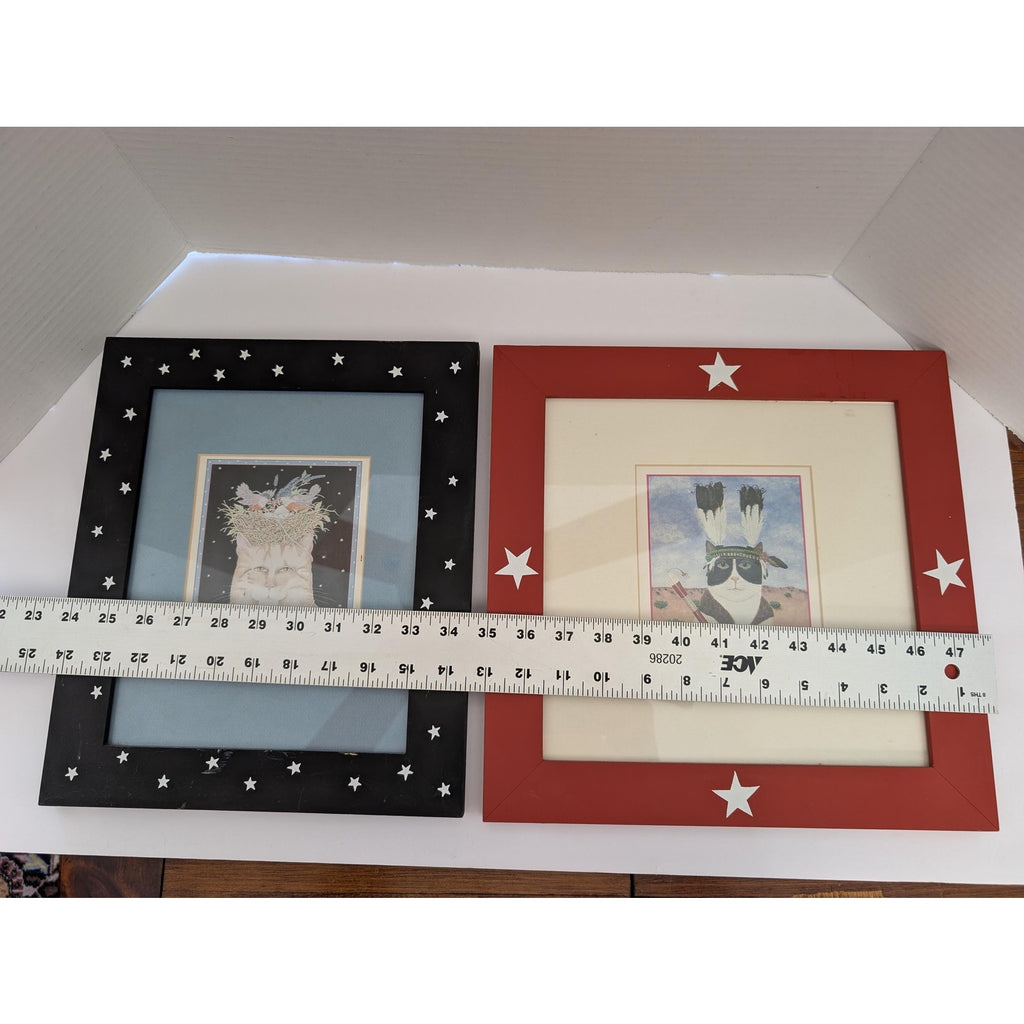 Mary Lake Thompson Set of 2 Whimsical Cat Prints Framed Matted Stars Art Decor