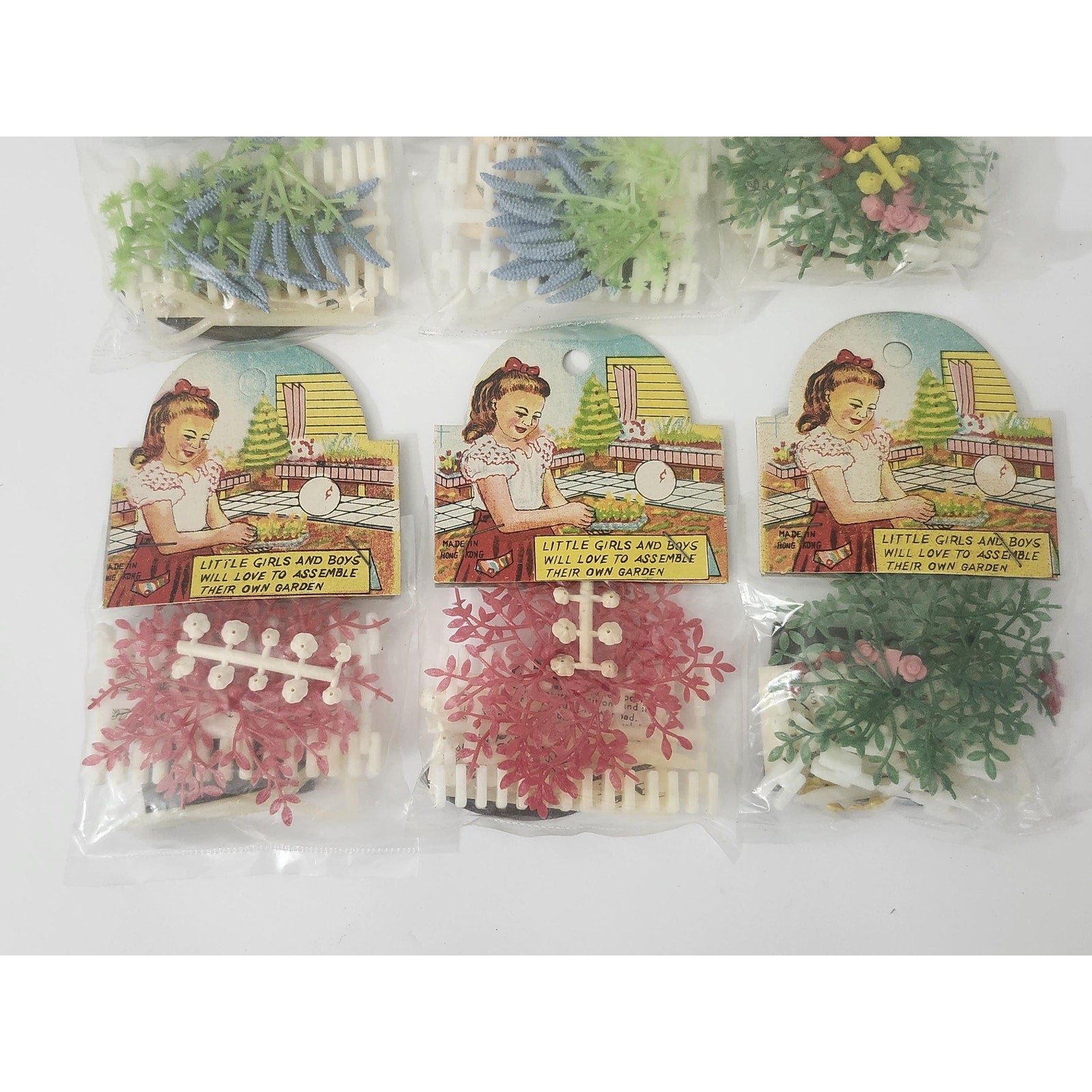 Lot of 6 Vintage Build Your Own Garden Plastic Miniature Sets New on Card