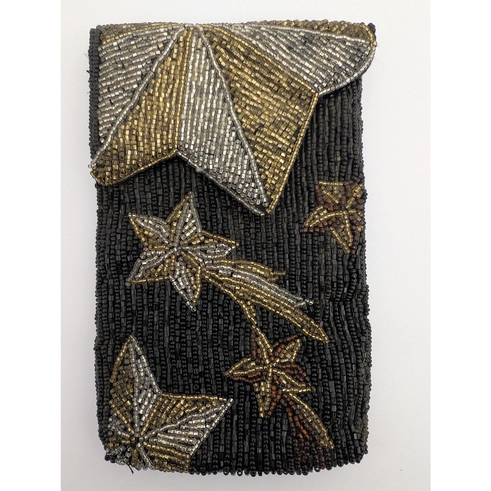 Vintage Neiman Marcus Beaded Eyeglass Case Black Silver Gold Shooting Stars Sunglasses Holder