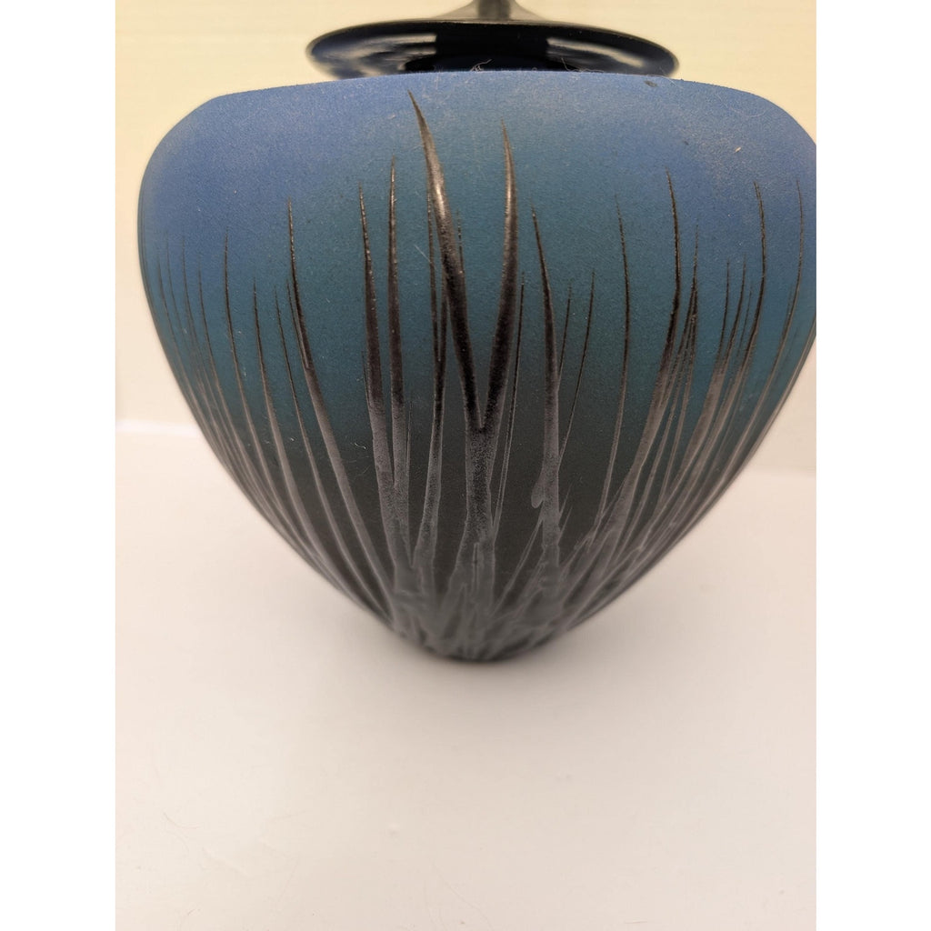 Modernist Studio Art Pottery Lidded Vessel Ombre Blue Sgraffito Grass Tall Spire Finial Signed