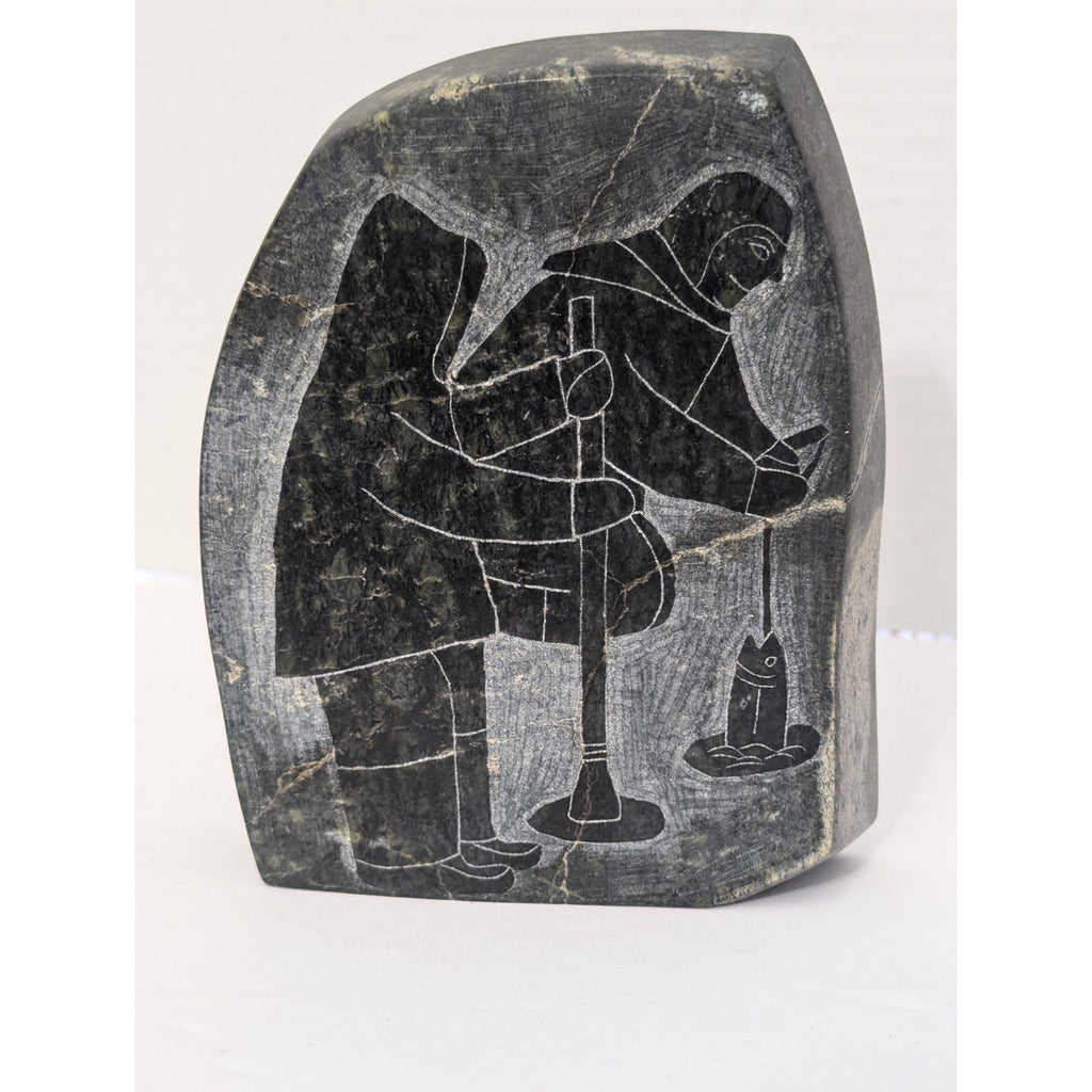 Inuit Soapstone Etching Ice Fishing Scene Canada Eskimo Art