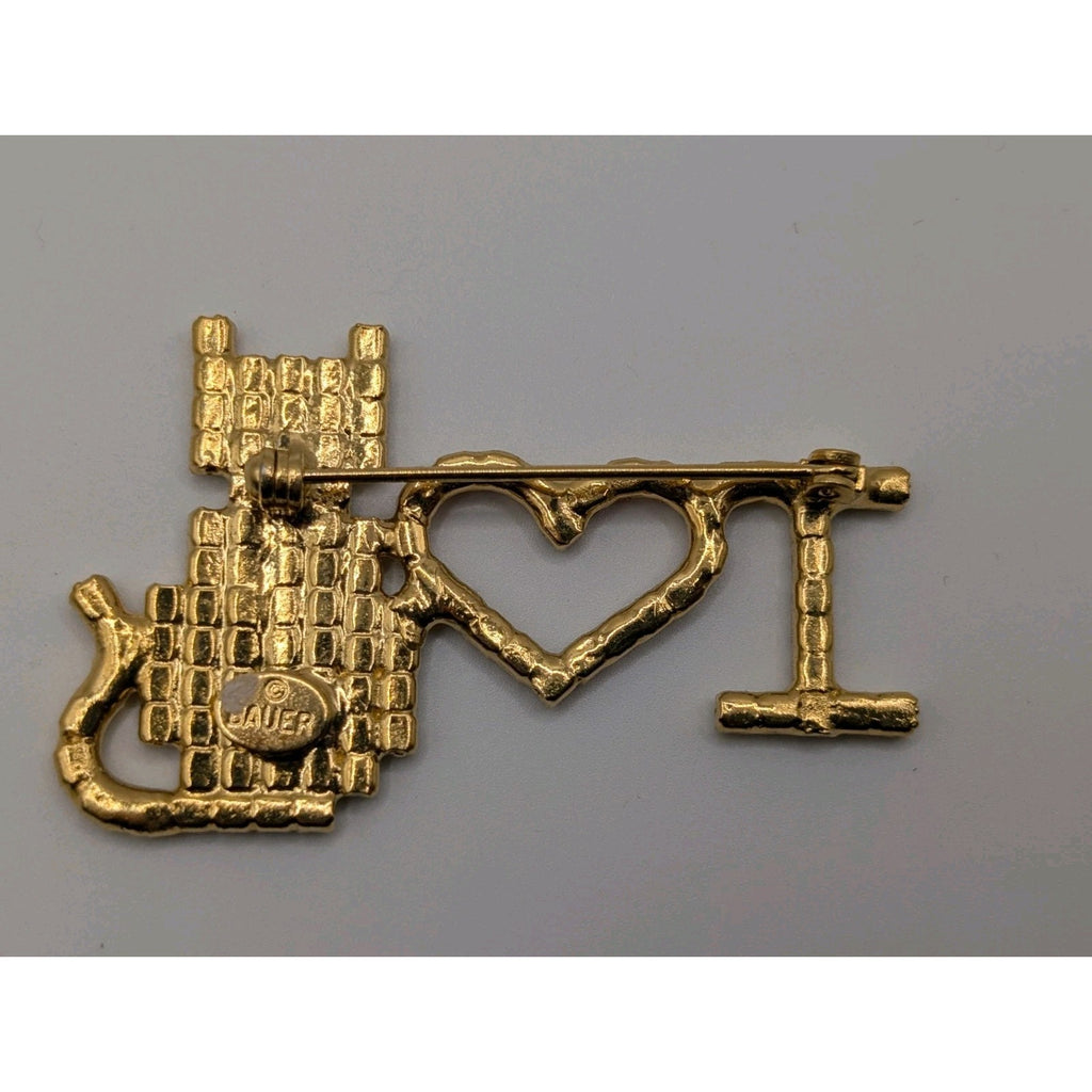 Vintage Dorothy Bauer Signed Rhinestone "I Love Cats" Gold Tone Brooch