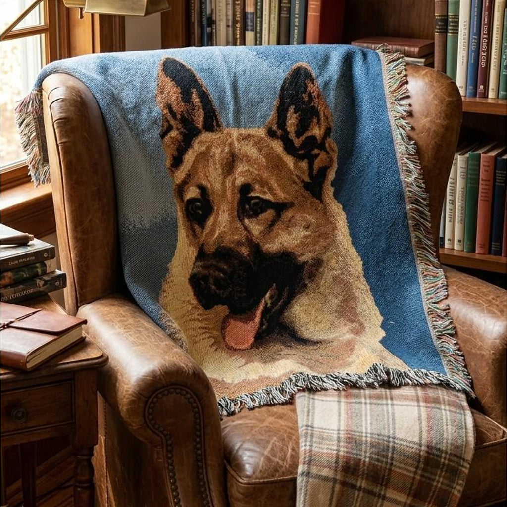 Vintage Linda Picken German Shepherd Dog Woven Tapestry Throw Blanket 47x60 USA Cotton Fringe