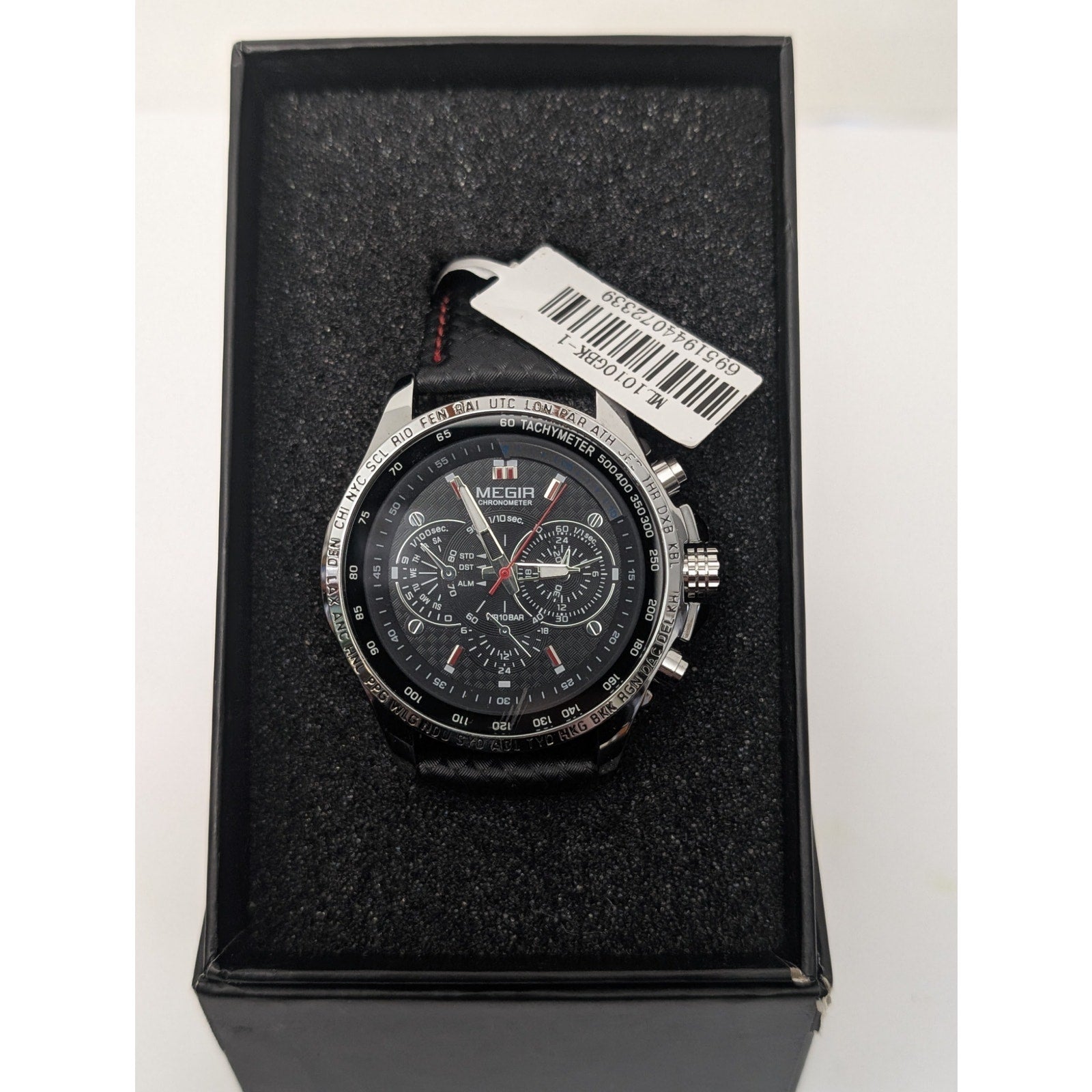 Megir Men's Chronograph Sport Watch Black and Red Genuine Leather & Tachymeter Dial