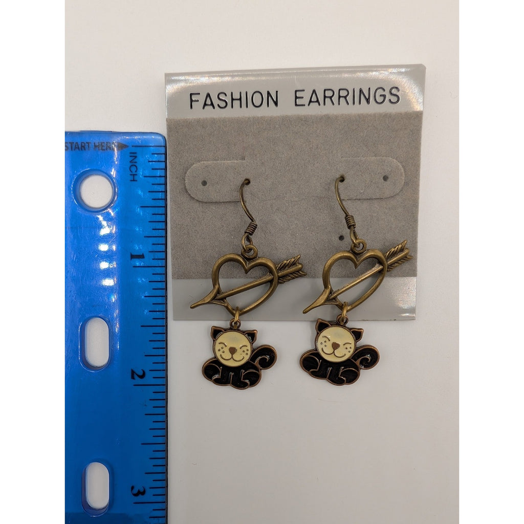 Vintage Whimsical Cupid Heart & Black Cat Dangle Earrings Bronze Tone