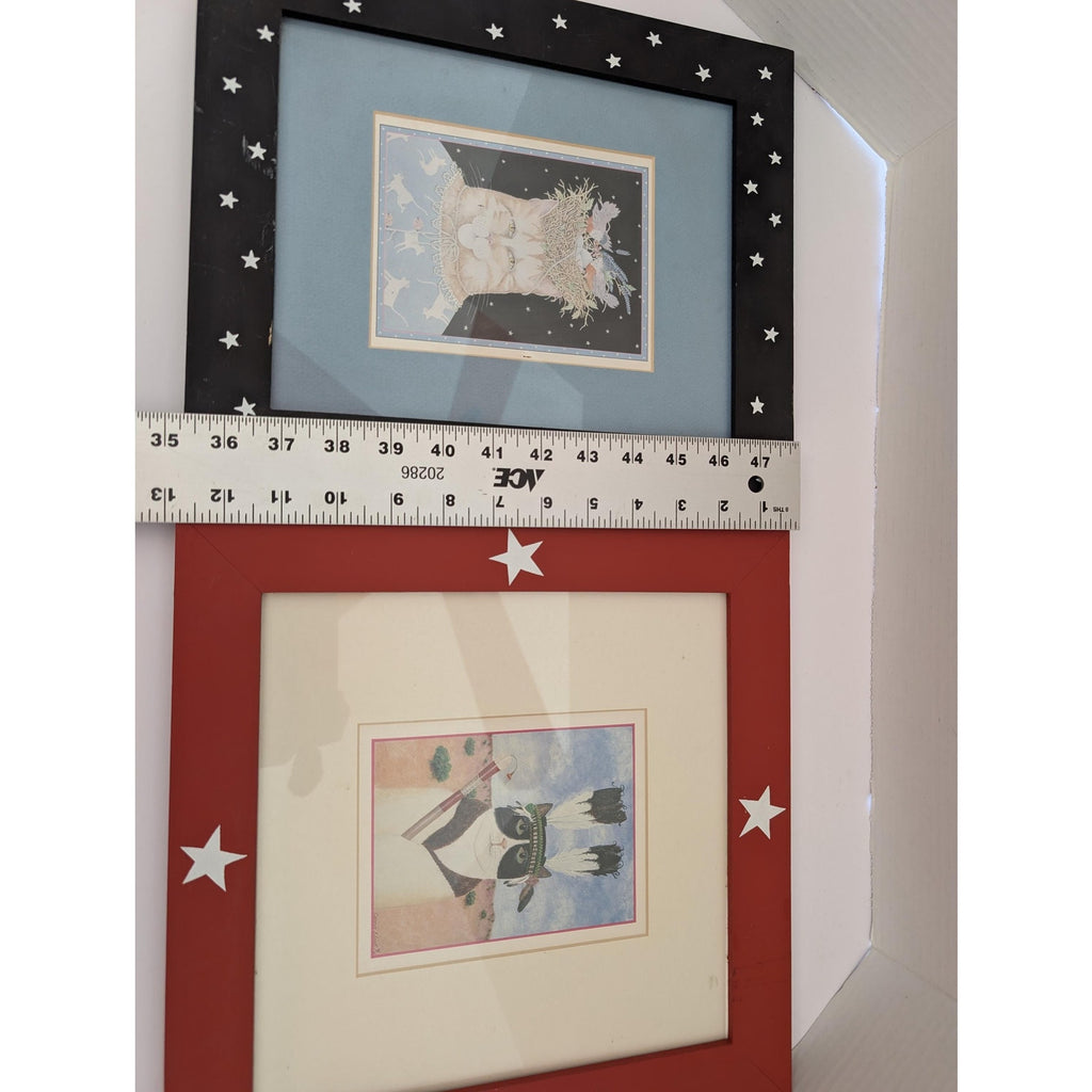 Mary Lake Thompson Set of 2 Whimsical Cat Prints Framed Matted Stars Art Decor
