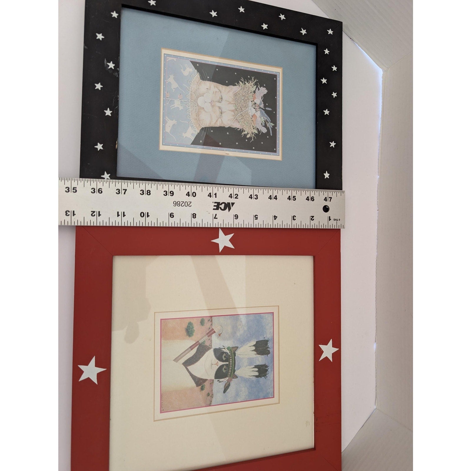 Mary Lake Thompson Set of 2 Whimsical Cat Prints Framed Matted Stars Art Decor