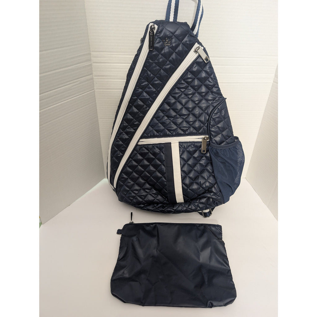Oliver Thomas Navy Quilted Sling Backpack Dog Print Lining with Pouch