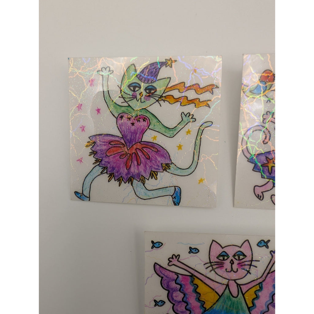 Set of 3 Vintage Holographic Whimsical Fairy Cat Pins