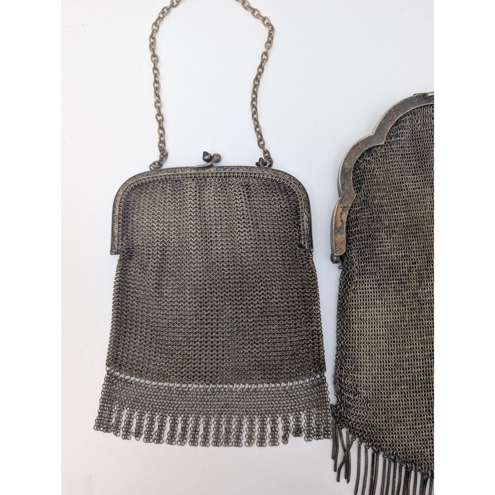 Lot of 2 Antique Art Deco Mesh Purses Gunmetal Chain Mail Tassel Fringe Flapper Bag
