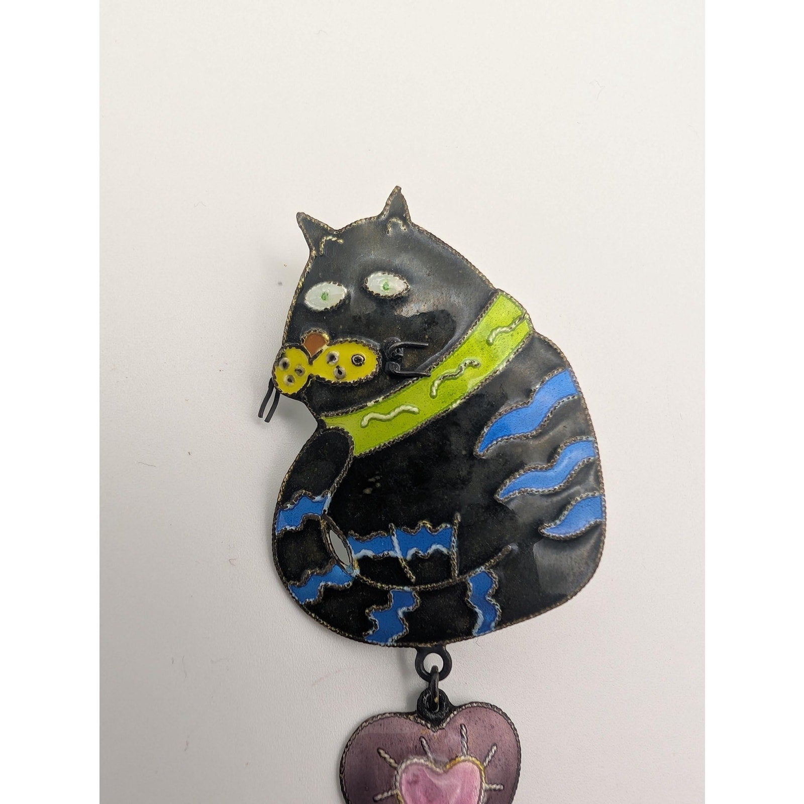 Vintage Colorful Cat Heart Dangle Enamel Metal Brooch Pin Cloisonne Whimsical