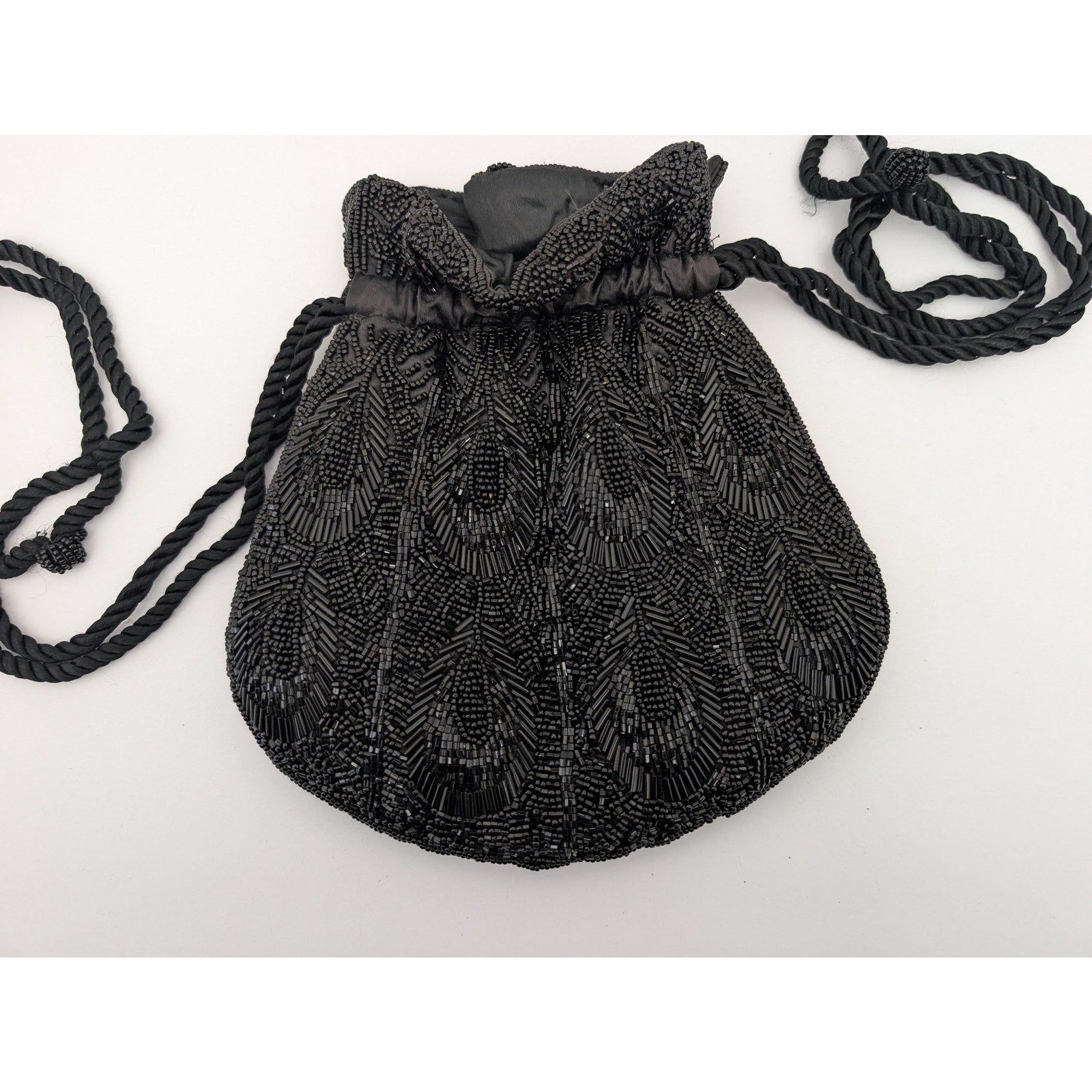 Vintage Black Beaded Drawstring Reticule Purse Handbag With Peacock Feather Pattern
