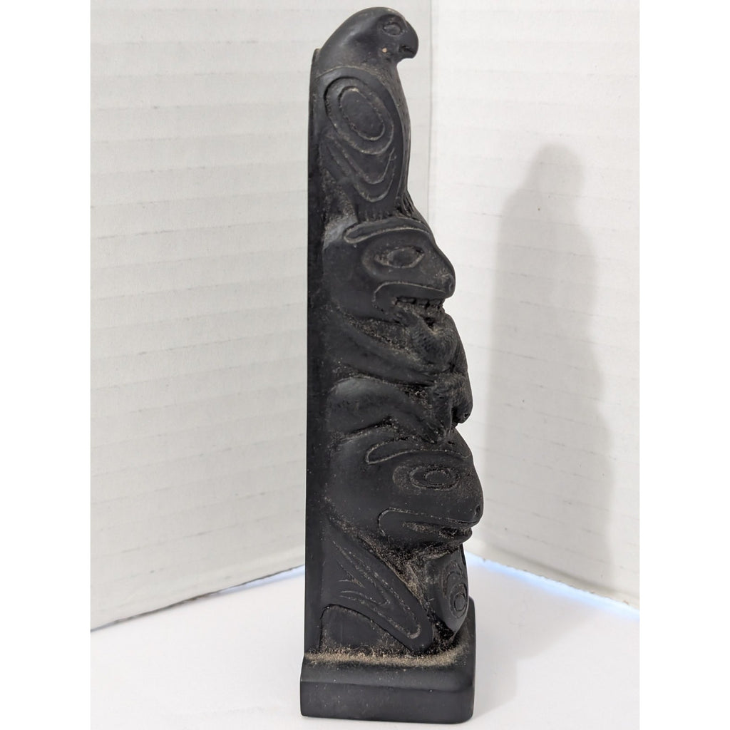 Vintage Totem Pole Figurine Black Resin Stone Eagle Bear Frog Sculpture Canada