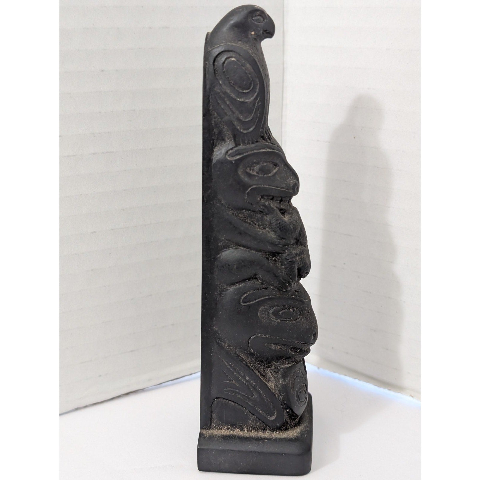 Vintage Totem Pole Figurine Black Resin Stone Eagle Bear Frog Sculpture Canada