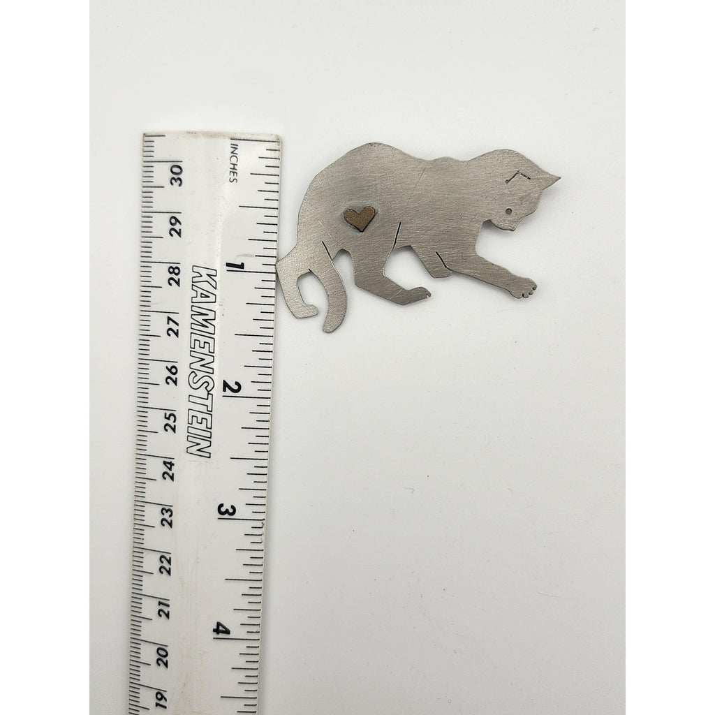 Vintage Mixed Metal Prowling Cat Brooch Pin Silver Tone Brass Heart Inset Lapel